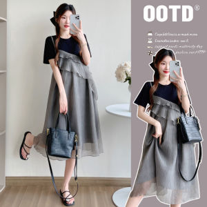 Pregnant Women Dress Slimming Fake Two-Piece Patchwork Middle Length