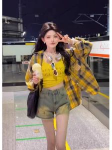 Sweet And Spicy Style Womens Three-Piece Set Summer Travel Outfit Plaid Shirt Strap Denim Shorts for Young Women