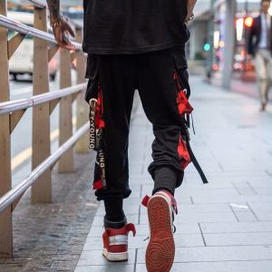Mens Cargo Pants Casual Hip Hop Hit Color Multiple Pockets Trousers Streetwear Ribbons Techwear Sweatpants