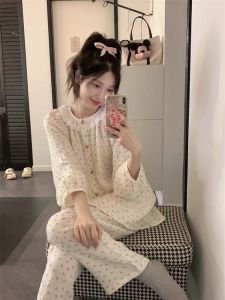 South Korea Fall and Winter Ins Sweet and Simple Lace Pajamas Womens Japanese Style Floral Internet Hot Long Sleeves Loose Homewear Suit