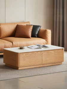 YUANSHI YUANSU | All Solid Wood Oak and Rock Panel Simple Small Spaces Living Room Tea Table