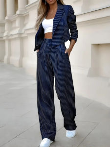 Spring Summer Women Casual Striped Short Blazer Pant Suits Elegant Long Sleeved 2 Piece Sets Womens Outfits Chic Female Clothing