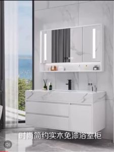 ตู้ห้องน้ำหินอ่อนไม้เนื้อแข็งชุดอ่างล้างหน้า รวมตู้เก็บของห้องน้ำ