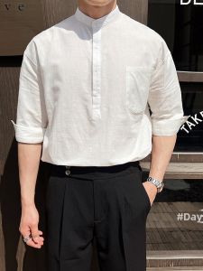 Loose Fit Mens Cotton Linen Shirt Three-Quarter Sleeve Thin Casual Pure Color Stand Collar Summer Sensation Daily Wear