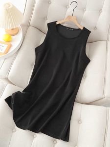 ชุดเดรสยาวแขนกุดสีดำไซส์ใหญ่ ทรงหลวม ปกปิดหน้าท้อง แฟชั่นฤดูร้อน สำหรับผู้หญิงไซส์ใหญ่ ชุดเดรสยาวคลุมเข่า