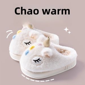 Adorable Unicorn Cotton Slippers for Children Winter Home Use Parent-Child Baby Boys Girls Cotton Slippers Warmth Cartoon Style