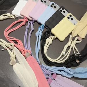 Cloud Case For iPhone 18 Pro Max 17 16 15 14 13 Puffer Crossbody Lanyard Strap Wave Grid Soft Shockproof Candy Anti Drop Cover