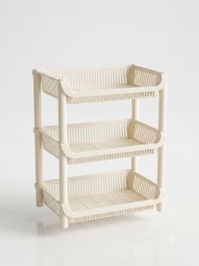 Beige three-tier plastic storage rack with slatted shelves for organization in home or office.