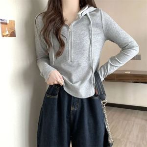 Áo Hoodie Dài Tay Ôm Vừa Vặn Phong Cách Hàn Quốc Mùa Thu Mới Không Đều Áo Thun Cổ Tròn Thường Ngày Bằng Polyester