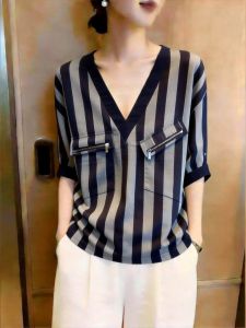 French Stripe V-neck Shirt Double Pocket Drawstring Waist