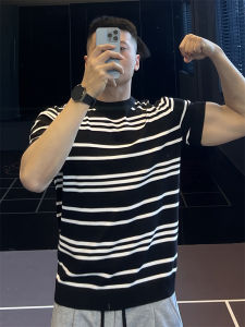 Slim Fit Knitted Stripe T-Shirt Mens Fitness Clothing Sporty Short Sleeve Ultra Elastic Training Top for Summer Exercise