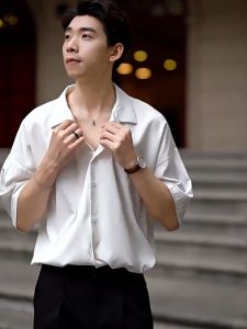 Mens Short-sleeved Shirt Cuban Collar Shirt White Trendy Brand Advanced Thin Section Loose Casual Drape Ice Silk Shirt 2023 New Trendy Teenagers