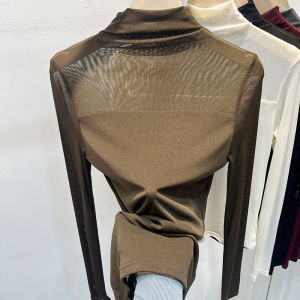 Elegant Pure Color Half Collar Lace Mesh Long Sleeves T-shirt Female 2024 Early Autumn New Chiffon Shirt Bottoming Shirt Tops