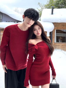 Couples Sweater round Neck Knitted Dress Shoulder Bared One Piece Winter Warm Soft Cotton Mens Womens Casual Fashion