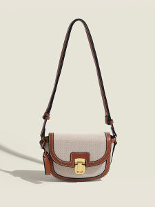 New 2025 Summer Womens Canvas Shoulder Crossbody Bag Retro Saddle Bag Color Block Design Versatile Ins Style Single Strap