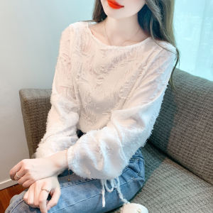 Áo Thun Tay Dài Màu Trắng Công Sở Phong Cách Hàn Quốc Thiết Kế Mới Mùa Xuân Thu Áo Sơ Mi Nhỏ Xinh Đẹp Có Dây Rút