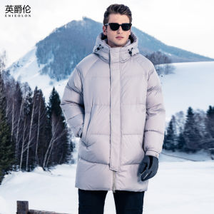 Enjeolon Mens down Jacket Ultra Cold Resistant 90% White Duck down Hooded Mid-Length Fashionable Urban Style Winter Coat