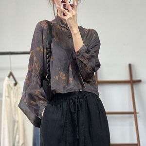 Ladies Cotton Linen Short Shirt Spring New Style Vintage Floral Print Asymmetrical Button Ladies Top Comfortable Fit Long Sleeve