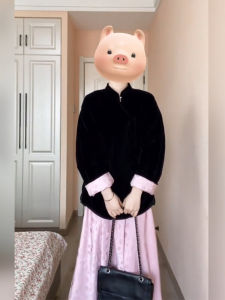 Plus Size Retro New Chinese Style National Style Striking Black Velvet National Style Outwear Womens Fancy Pink Skirt Two-piece Set