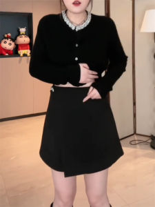 plus Size Womens Thickened A-Line Skirt High Waist Asymmetrical Slimming Half-length Korean Style Commute Pure Color