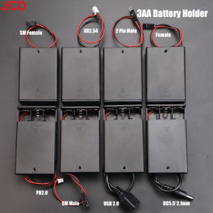 JCD 1pc 3x AA Battery Holder Storage Case Box With Switch & Cover PH2.0 XH2.54 SM DC5.5*2.1mm USB Plug Connect Terminal Cable