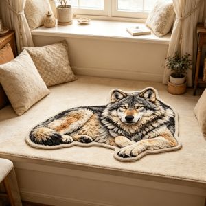 VIKAMA 3D Illusion Wolf Rug Irregular Animal Shape Plush Washable Non‑Slip Floor Mat For Bedroom Bay Window Household Decoration
