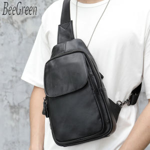 BeeGreen Men High Quality Genuine Leather Shoulder Bag Soft Cowhide Chest Bag Large Capacity Travel Crossbody Bag