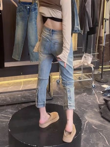 Slimming Stretchy Straight Leg Jeans High Waist Cotton Stretch Denim Zipper Fly Washed Finish Small Size Wear Resistant