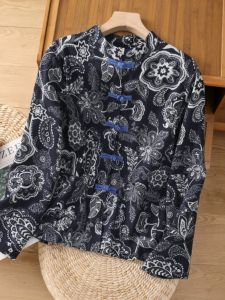 Áo Khoác Ngắn Thêu Hoa Cotton Lanh Cổ Đứng Tay Dài Mùa Xuân Thu Cỡ Lớn Áo Len Cardigan Hở Nút Áo Phong Cách Trung Hoa Cổ Điển