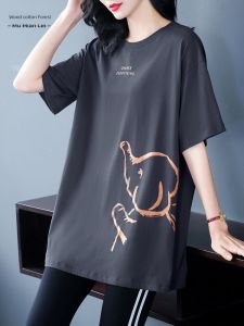 Short Sleeve T-Shirt Womens plus Size Mid-Length Summer Top Slimming Effect Korean Style Cotton Blend Comfortable Fit