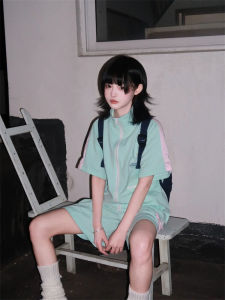 Casual Sportswear Set Women Summer 2025 New Short Sleeve Shorts School Style Cute Girl Running Two Piece Set Cotton Zipper