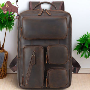 Tiding Mens Genuine Leather Backpack Large Capacity Outdoor Travel Bag with Pull Rod Strap American Retro Style Business Bag