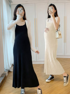 Maternity Knitted Long Dress Square Collar Base Layer Skirt H-Shape A-Line Silhouette High Waist Design No-Sleeve Autumn Wear