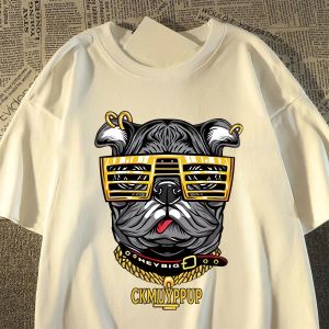 100% Pure Cotton Heavyweight American Hip Hop Little Dog Summer Short Sleeve T-Shirt Mens Loose Fit Half Sleeve Top for Men And Women