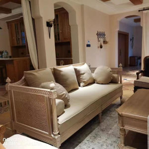 American Style Solid Wood Fabric Sofa Three-Piece Combination Small Apartment Living Room French Vintage Wicker Sofa Bed Pull out Dual Purpose