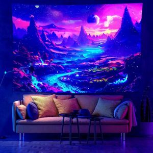 VIKAMA Black Light Violet Dazzling Alien Summit Rivulet Deep Space UV Active Tapestry Surreal Wall Blanket Decor Soft Durable