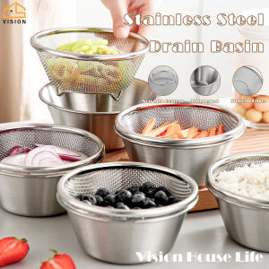 Vision Stainless Steel Mini Basin Basket Set Vegetable Washing Basin Drainage Basket Double Layer Multi-Functional Drain Basket Basin Kitchen Leakage Basket Fruit Rice Washing Basket