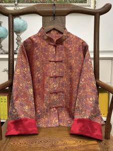 Silk Tang Suit Womens Jacket Song Jin Embroidery Small Stand Collar Button up Loose Fit Long Sleeve Autumn Fashion Design