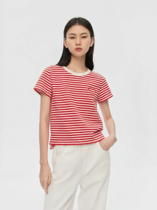 URLAZH | Spring New Retro Style Red and White Striped Fun Embroidery Round Neck Short Sleeve Tshirt