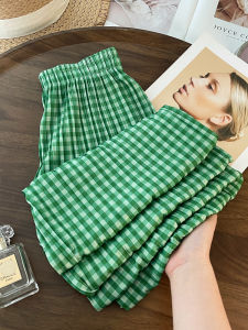 PAIBOLI | Sweet Youthful Plaid Drapey Casual Pants Elastic Waist Floor-Length Summer New Womens Versatile Wide Leg Long Overalls