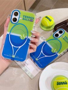 เคสโทรศัพท์มือถือ Apple 13-16 pro Max แบบมีขาตั้งรองรับ ป้องกันการตกหล่น ดีไซน์ลายเทนนิส 2 ชั้น ดีไซน์สร้างสรรค์ ดีไซน์สีเขียวและฟ้า