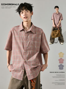 SZON | American Retro Pink Check Shirt Short Sleeve