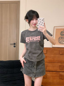 Áo Thun Cotton Ngắn Thêu Họa Tiết Chữ Cái Ngọt Ngào Mát Mẻ Eo Thắt Lưng Tay Ngắn Áo Thun Nữ Mùa Hè Dáng Ôm Vừa Vặn