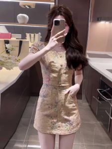 Classic Style Fashion Suit Womens Summer Fancy Elegance Retro Jacquard Short Sleeve Tops Slim Looking Short Skirt Two-piece Set