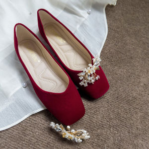 Square Toe Soft Leather Flat Bottom Wedding Shoes Velvet Pearl Red New Chinese Style Xiuhe Shoes Pregnant Women Not Tired Foot Slip-on Engagement