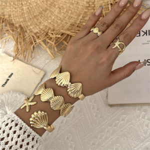 5Pcs Bohemian Metal Starfish Shell Cuff Bracelet Ring Set For Women Ocean Style Adjustable Bangle Finger Ring Summer Jewelry