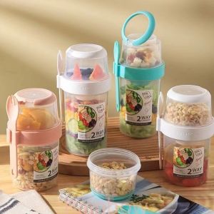Quivlox Portable Yogurt Cereal Cup Separate Design Breakfast Cups Durable Two-layers Salad Cup With Sauce Box And Fork
