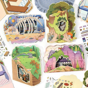 Kawaii cave dweller 3D Tree hole cottage Landscape Sticker  DIY Pocket Cabin Scene Festival HolidayChildren gifts ﻿