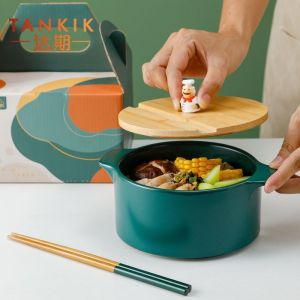Mangkuk Keramik dengan Penutup Mangkuk Kayu Unik Serbaguna