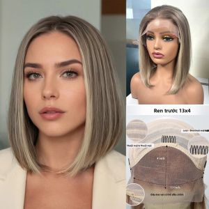 Tóc Giả Bob Thẳng Remy Human Hair 13x4 Lace Front Màu Nâu Xám Vàng Pha Chất Liệu Ren HD Trong Suốt Dành Cho Nữ Sử Dụng Hàng Ngày